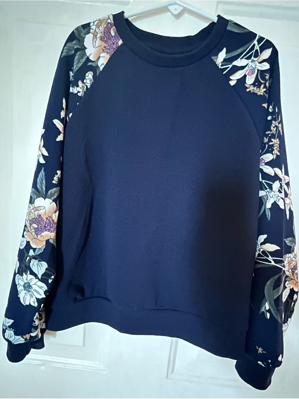 SHEIN Navy Pullover with Floral Raglan Sleeves